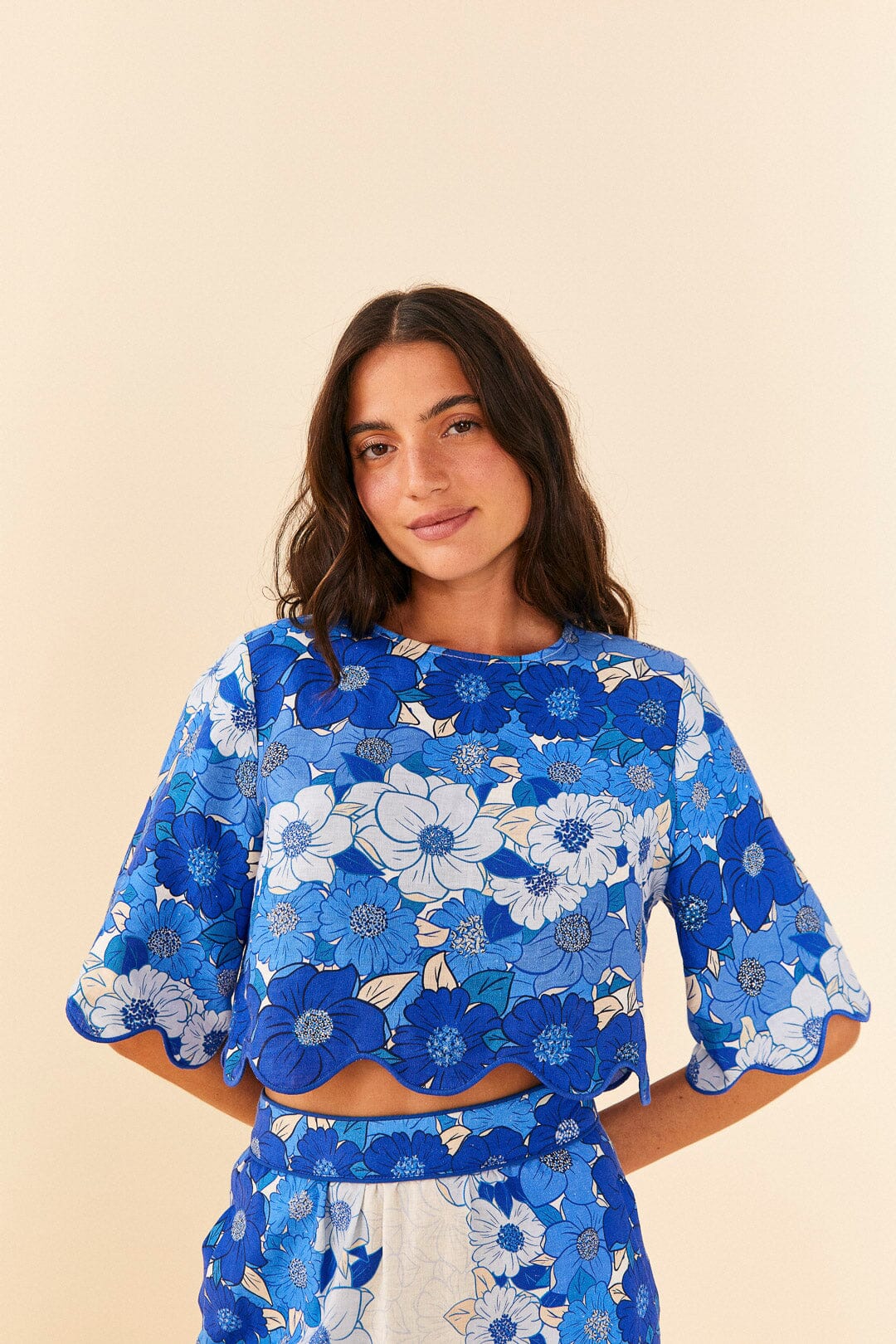 Farm Rio Blue Flower Stripes Crop Top