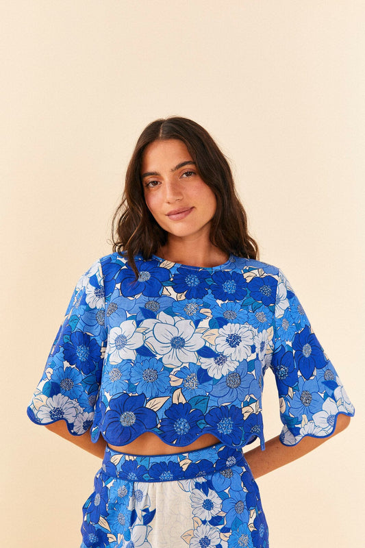Farm Rio Blue Flower Stripes Crop Top