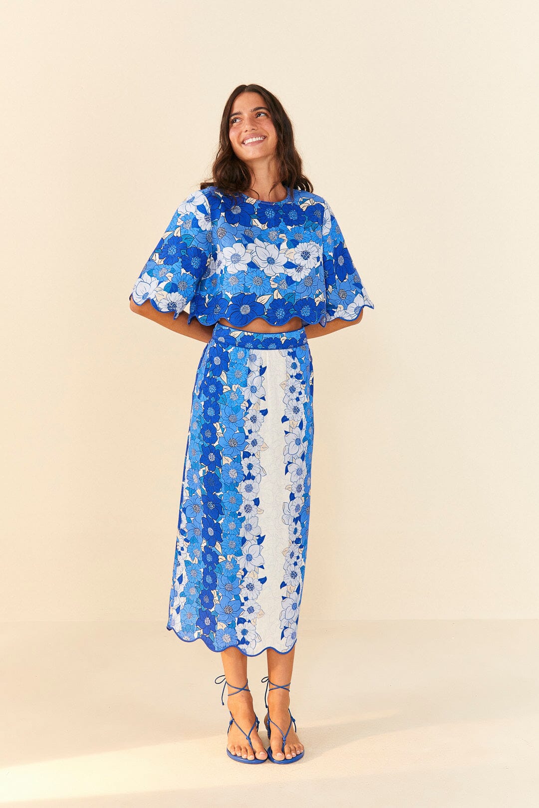 Farm Rio Blue Flower Stripes Crop Top