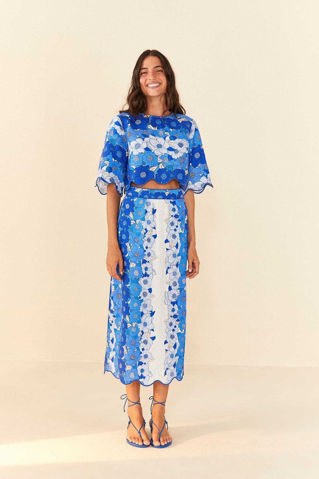 Farm Rio Blue Flower Stripes Midi Skirt