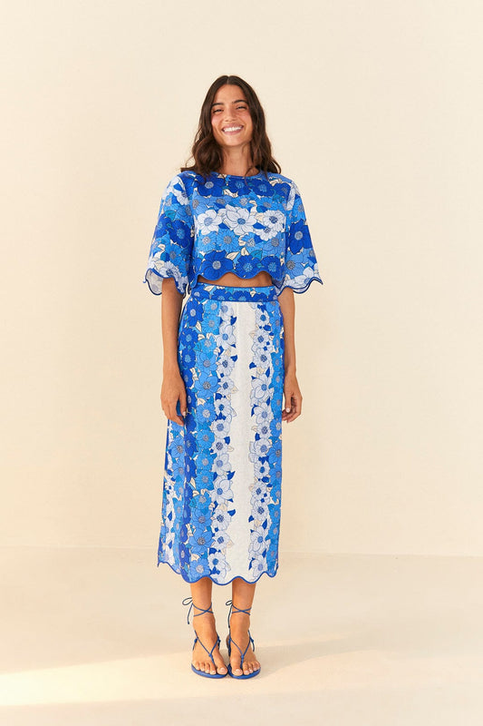Farm Rio Blue Flower Stripes Midi Skirt
