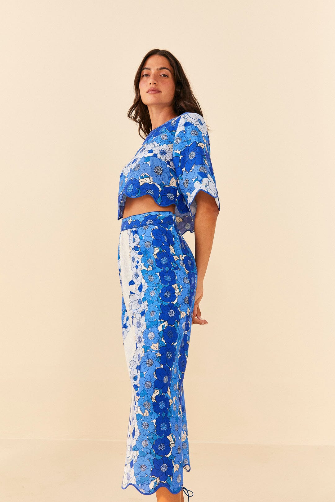 Farm Rio Blue Flower Stripes Midi Skirt
