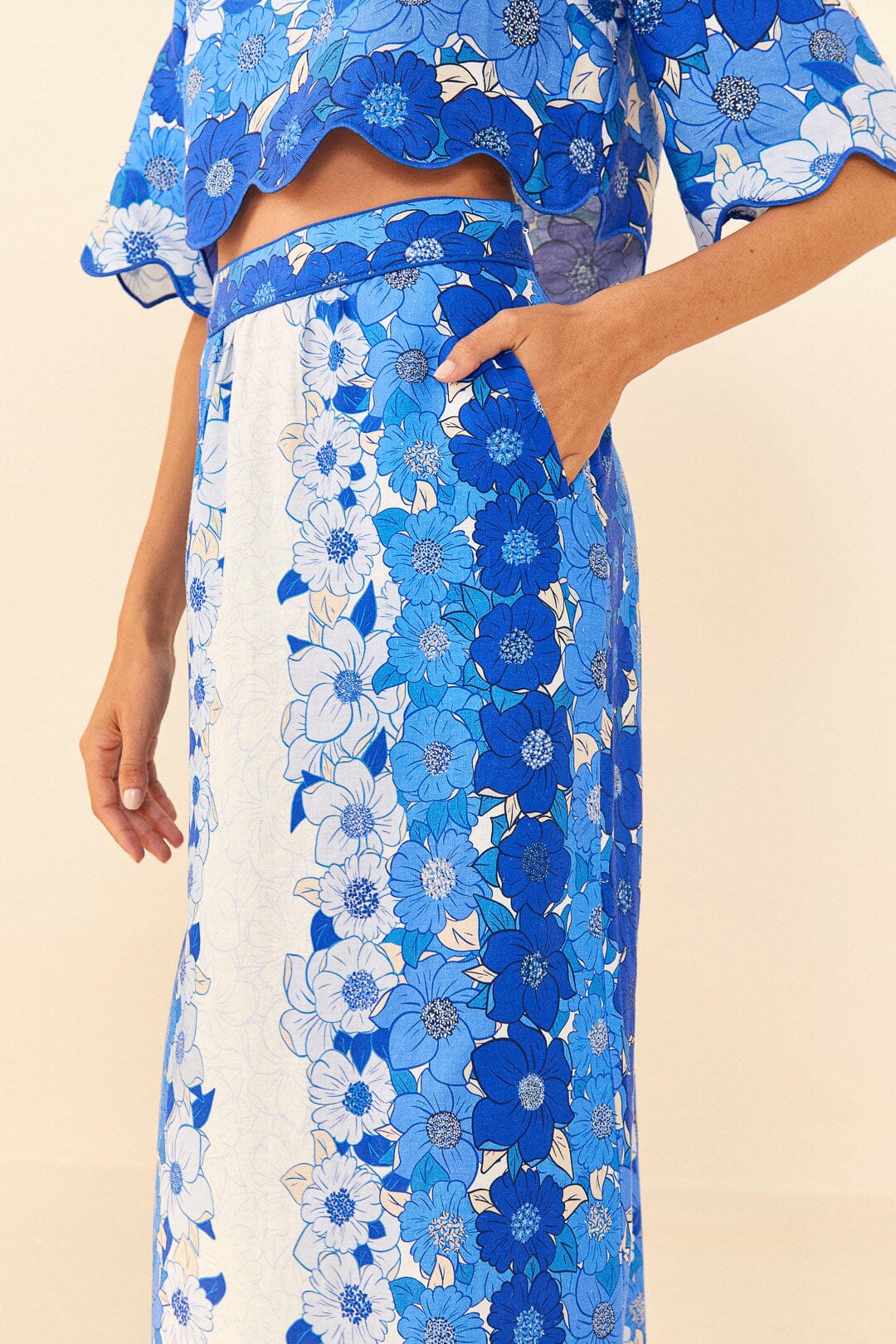 Farm Rio Blue Flower Stripes Midi Skirt