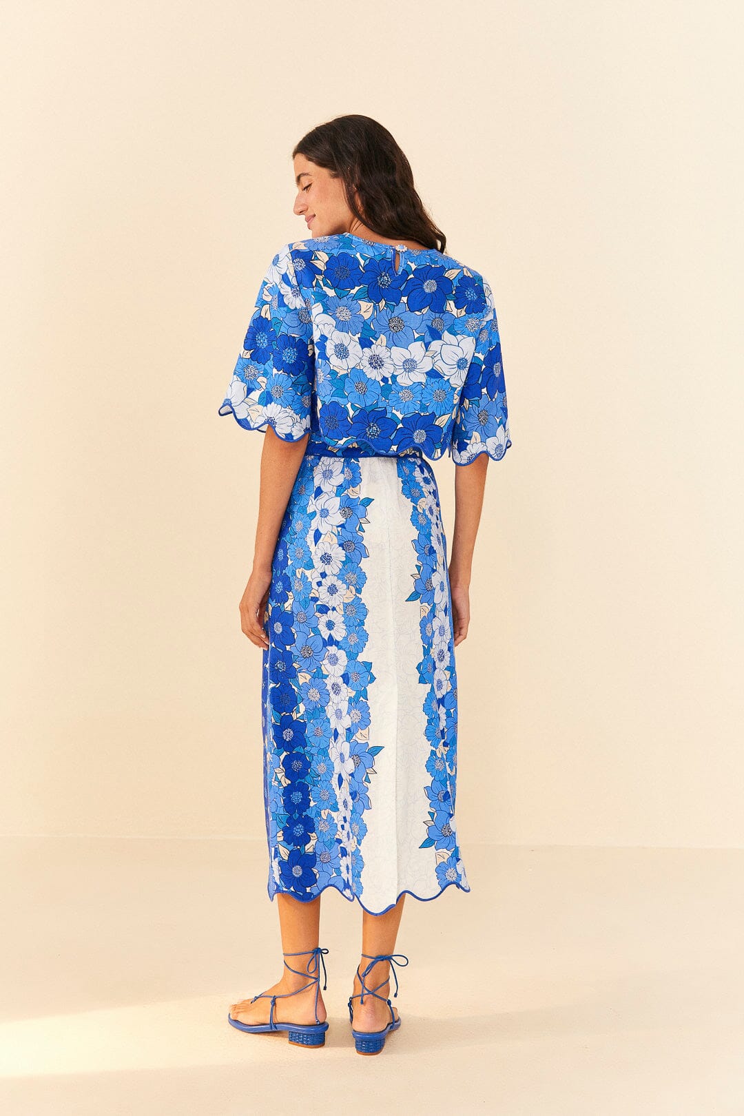Farm Rio Blue Flower Stripes Midi Skirt
