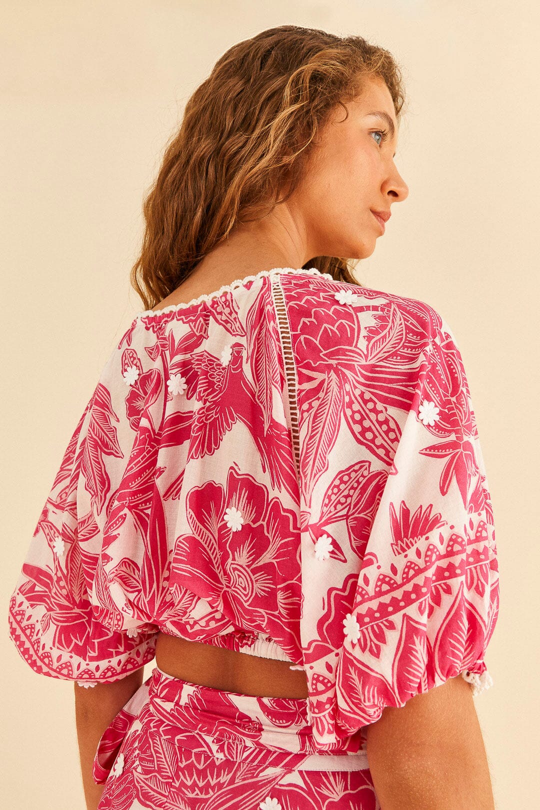 Farm Rio Pink Tropical Woodcut Crop Top