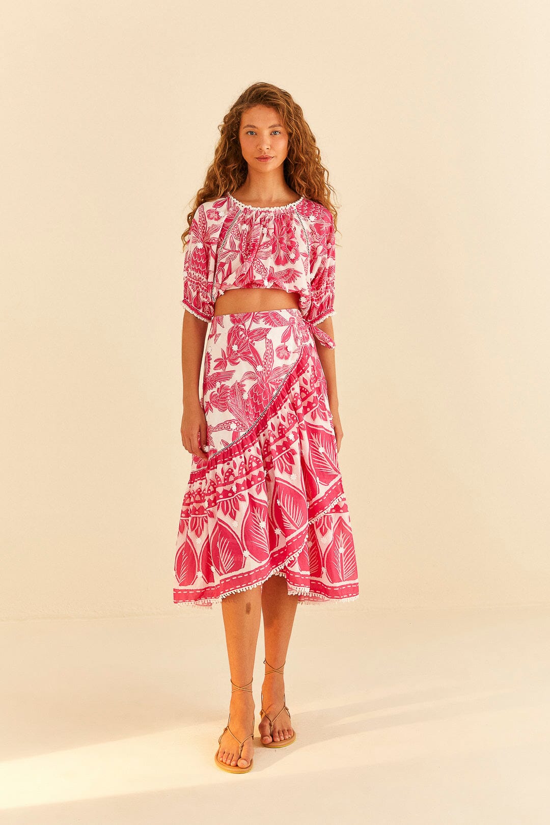 Farm Rio Pink Tropical Woodcut Crop Top