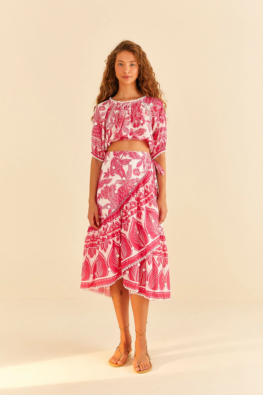 Farm Rio Pink Tropical Woodcut Midi Skirt