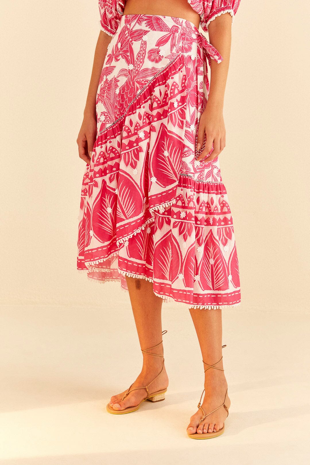 Farm Rio Pink Tropical Woodcut Midi Skirt