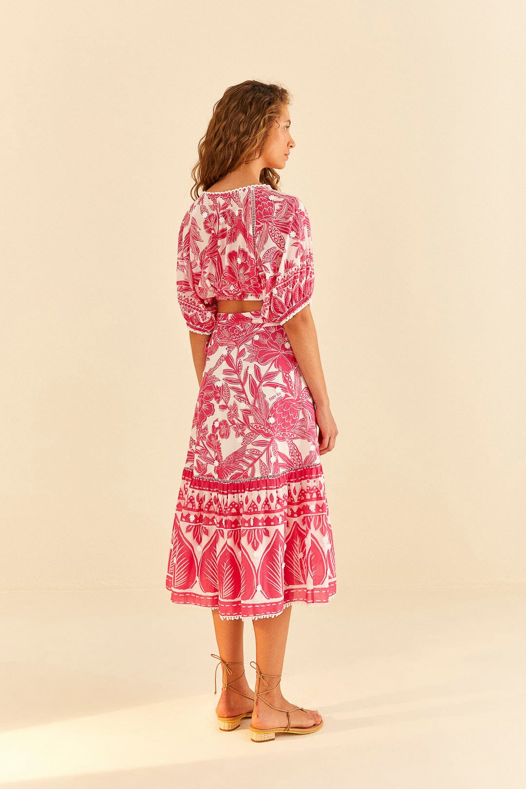 Farm Rio Pink Tropical Woodcut Midi Skirt