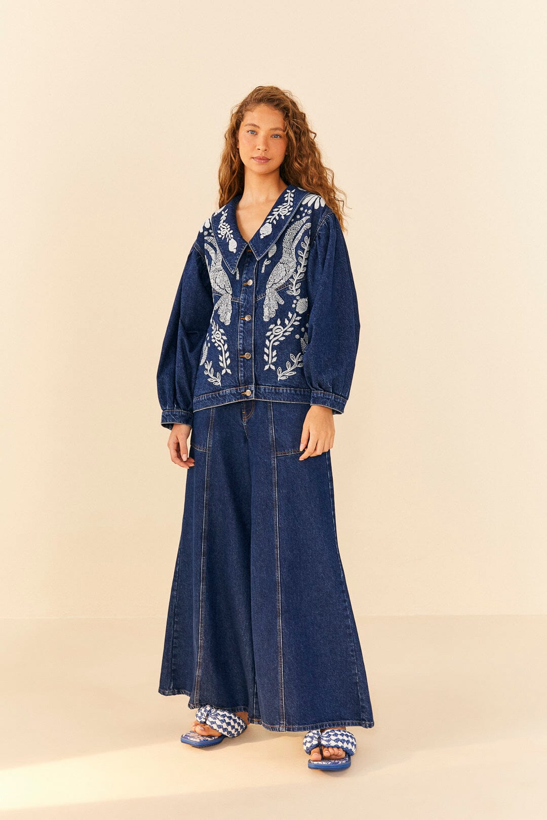 Farm Rio Jungle Flow Embroidered Denim Jacket