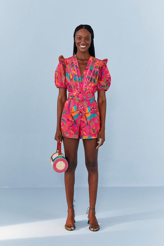 Farm Rio Pink Macaw Party Organic Cotton Romper