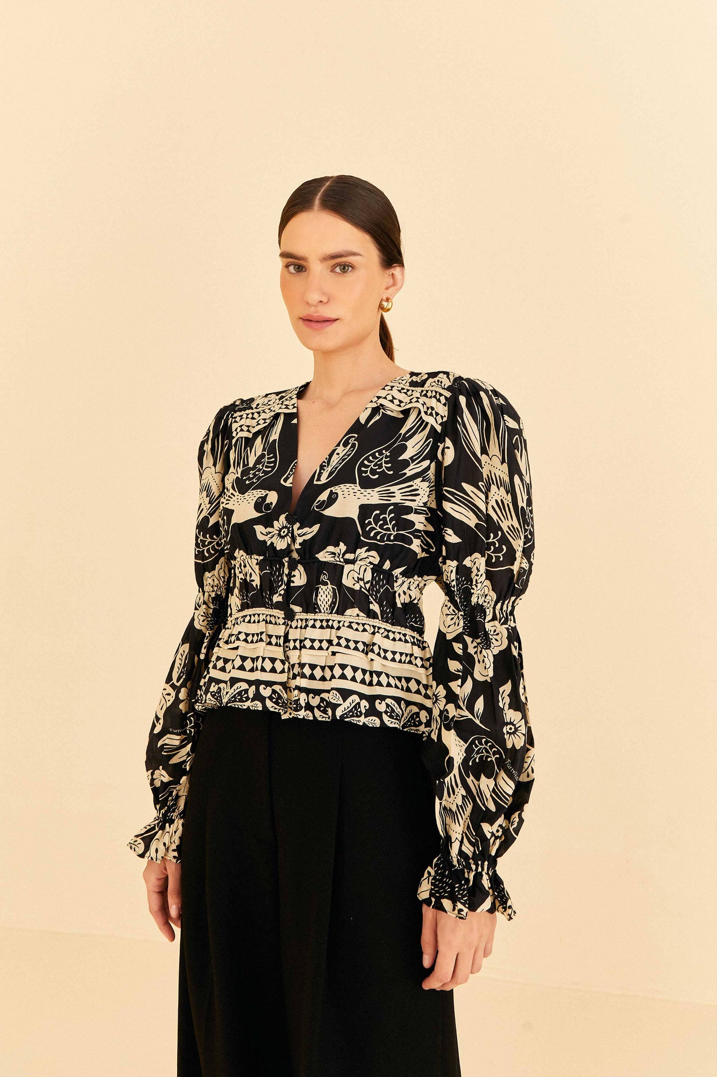 Farm Rio Black Graphic Floral Blouse