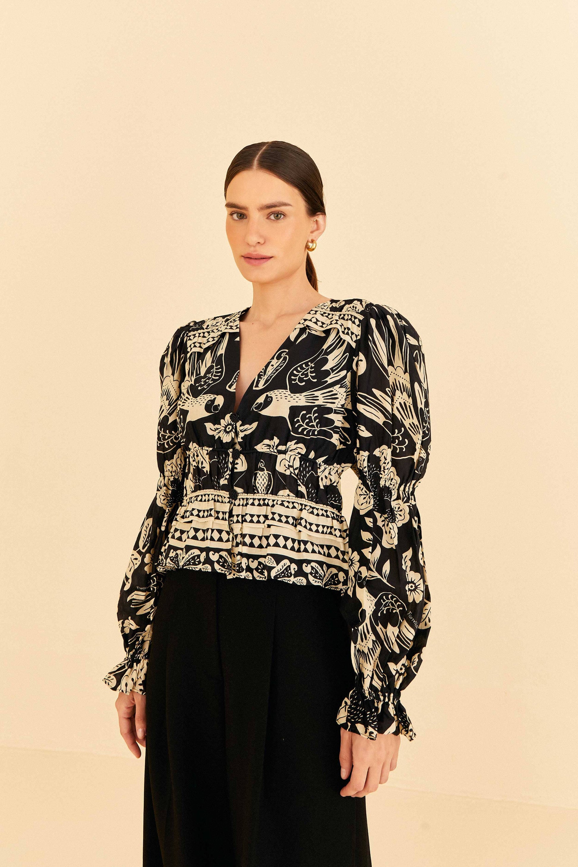 Farm Rio Black Graphic Floral Blouse