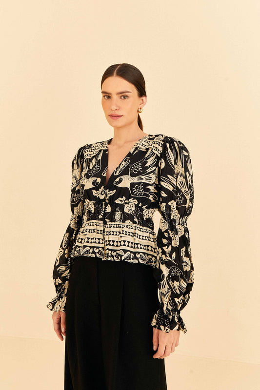 Farm Rio Black Graphic Floral Blouse