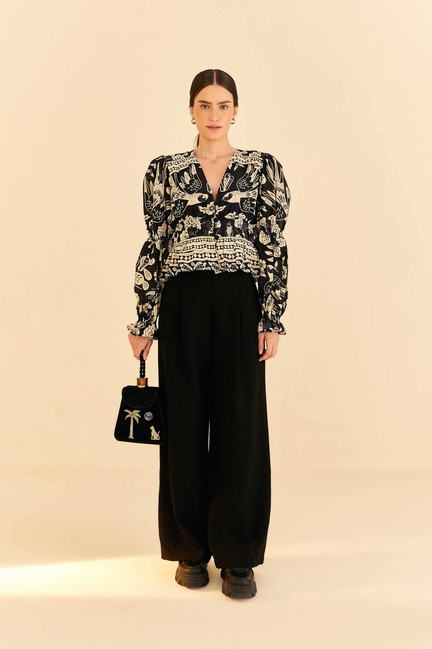 Farm Rio Black Graphic Floral Blouse