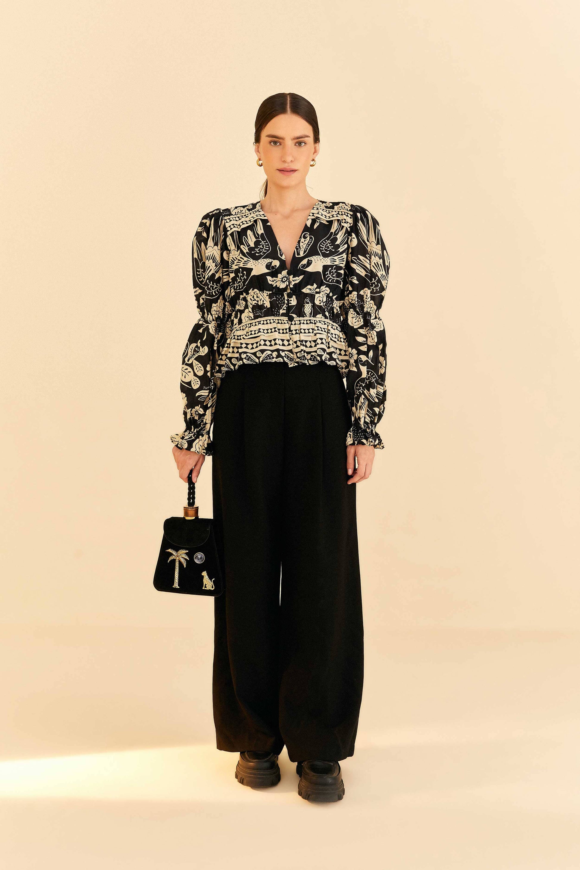 Farm Rio Black Graphic Floral Blouse