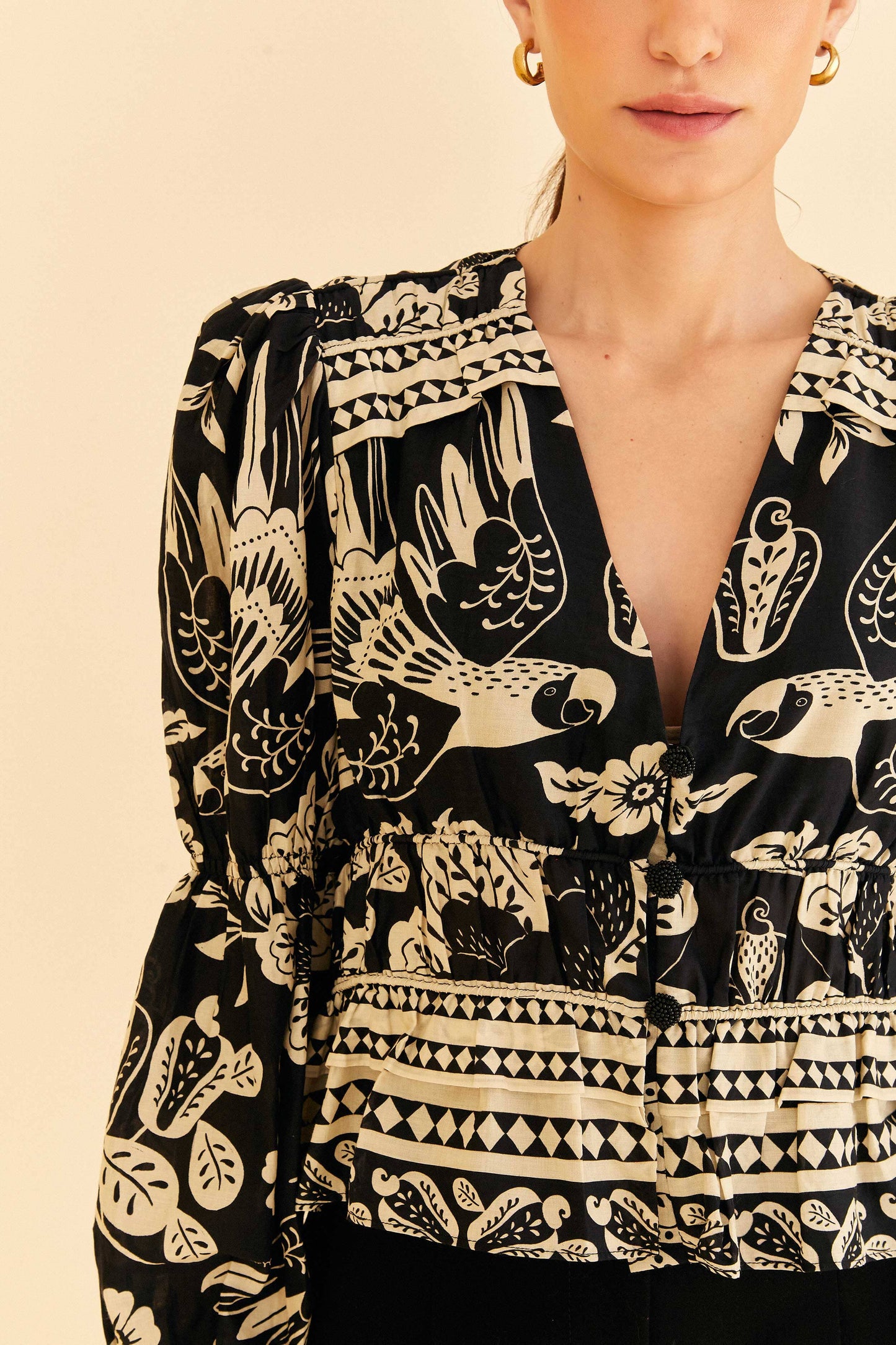Farm Rio Black Graphic Floral Blouse