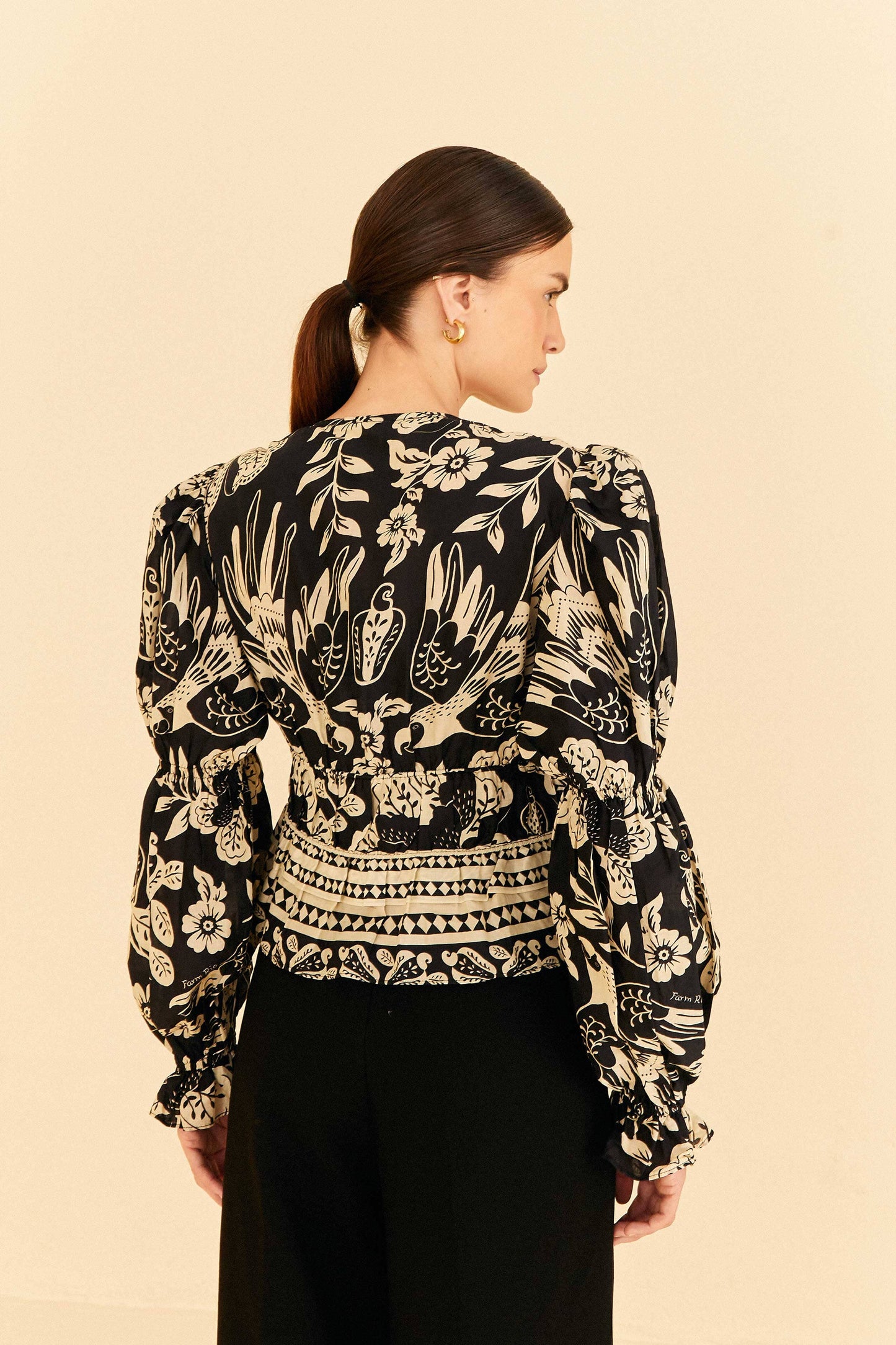 Farm Rio Black Graphic Floral Blouse
