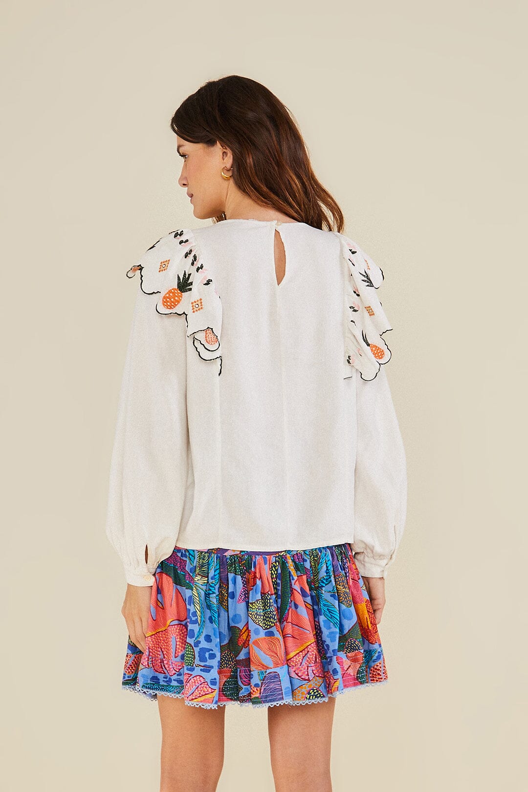Farm Rio White Embroidered Fall Leaf Blouse