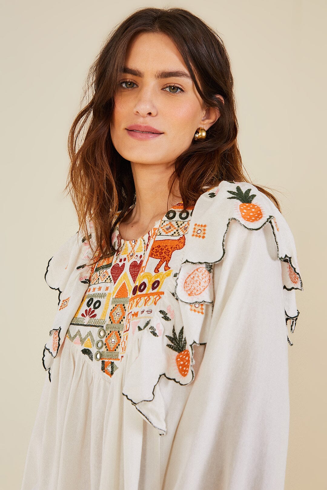 Farm Rio White Embroidered Fall Leaf Blouse