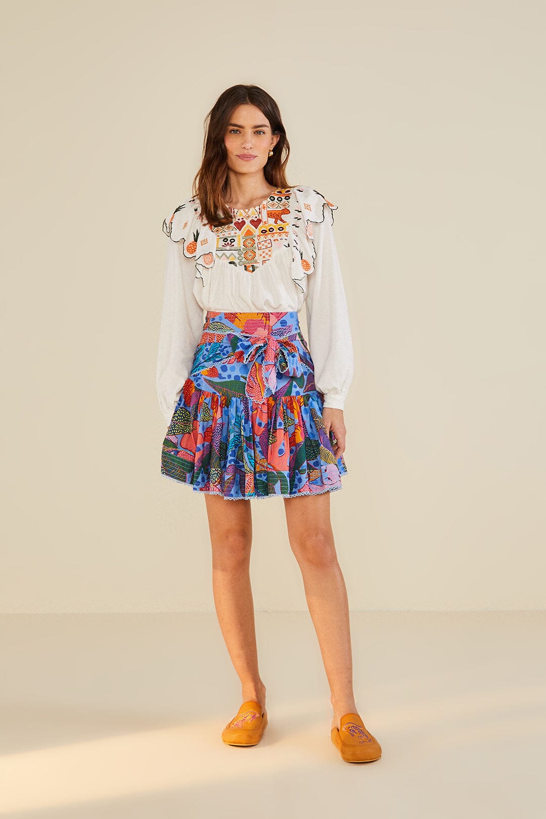 Farm Rio White Embroidered Fall Leaf Blouse