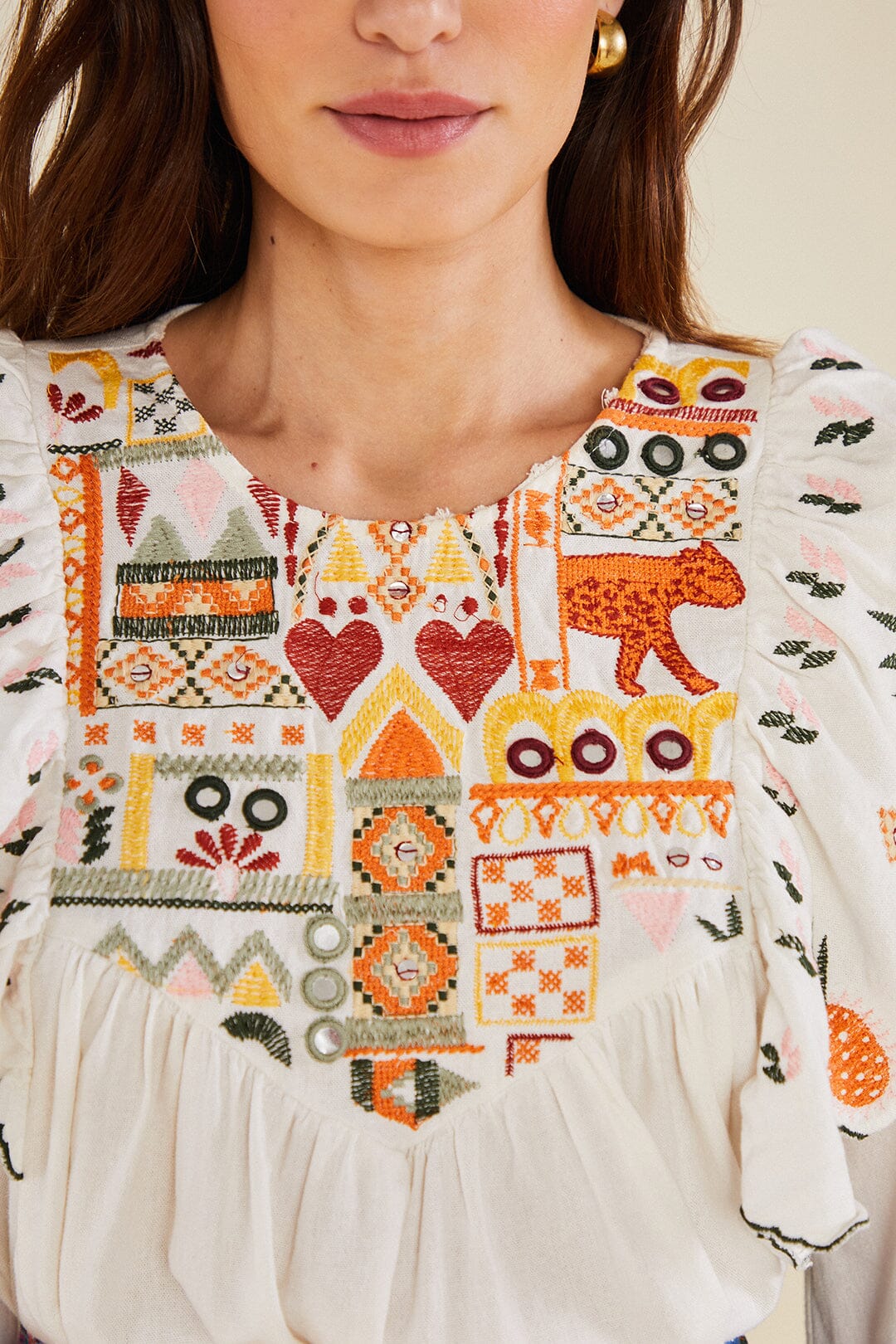 Farm Rio White Embroidered Fall Leaf Blouse