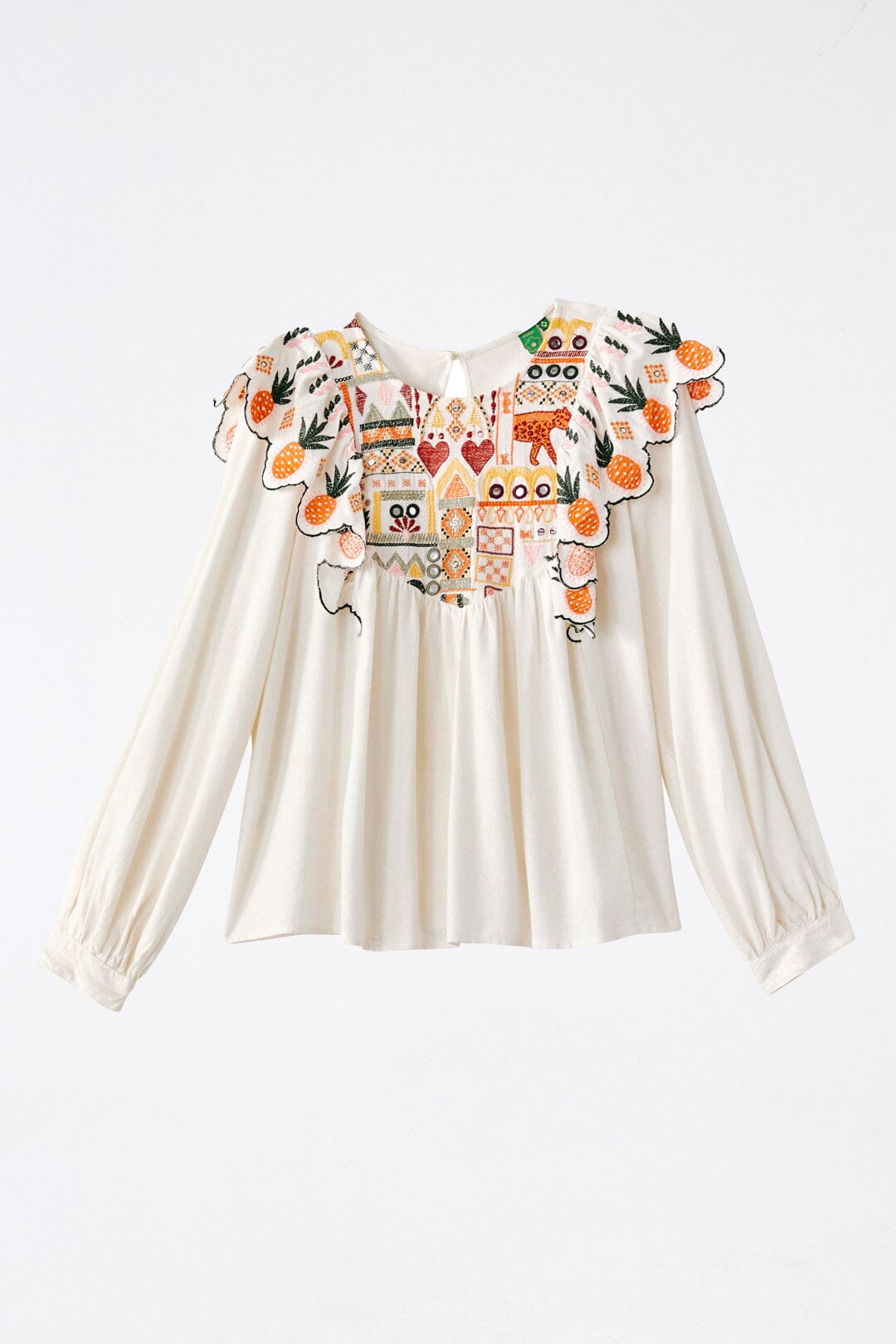 Farm Rio White Embroidered Fall Leaf Blouse