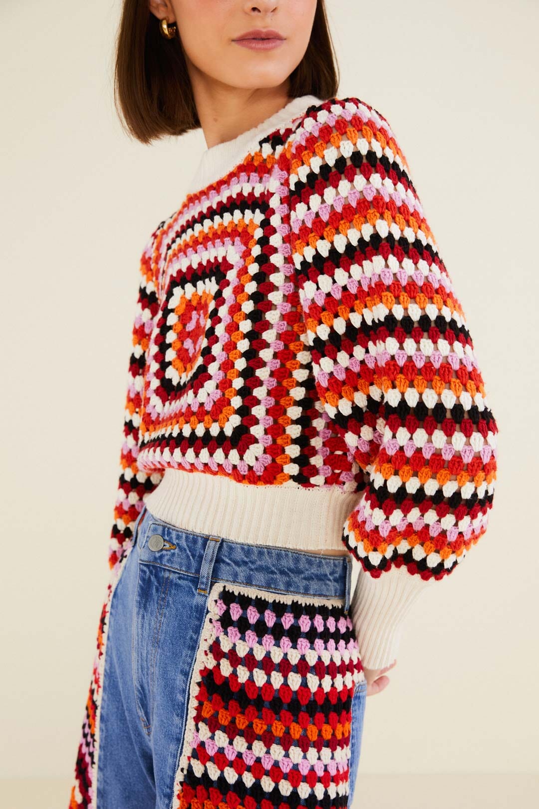 Farm Rio Multicolor Crochet Sweater