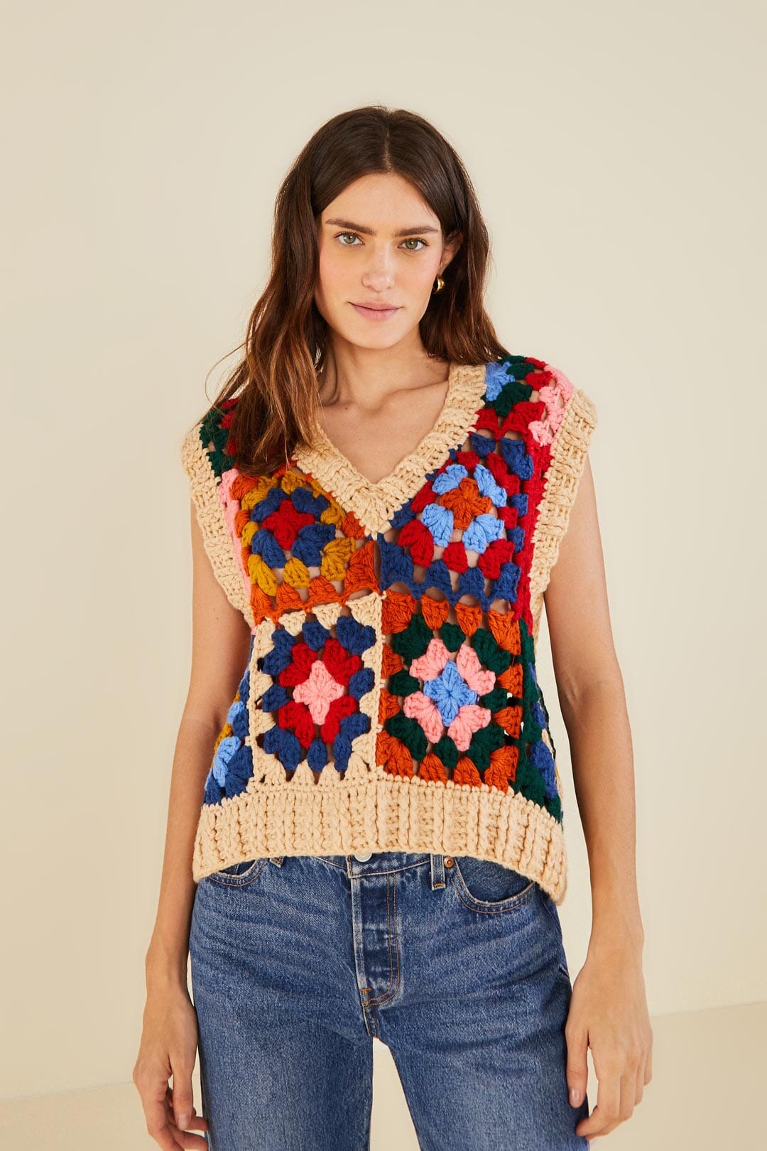 Farm Rio Multicolor Patchwork Crochet Vest