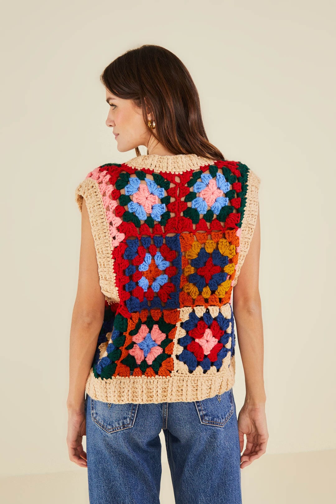 Farm Rio Multicolor Patchwork Crochet Vest