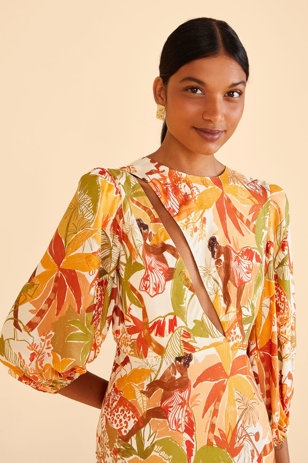Farm Rio Sand Leopard Forest Midi Dress