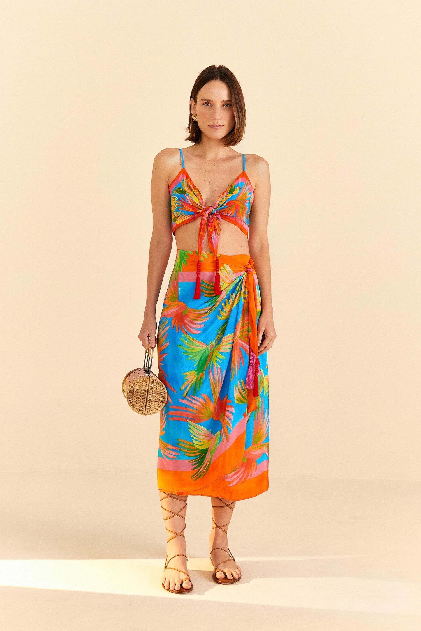 Farm Rio Painted Birds Scarf Midi Skirt
