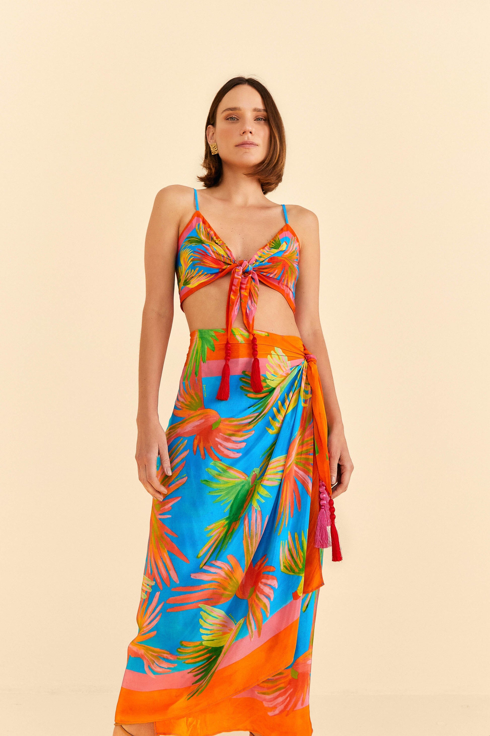 Farm Rio Painted Birds Scarf Midi Skirt