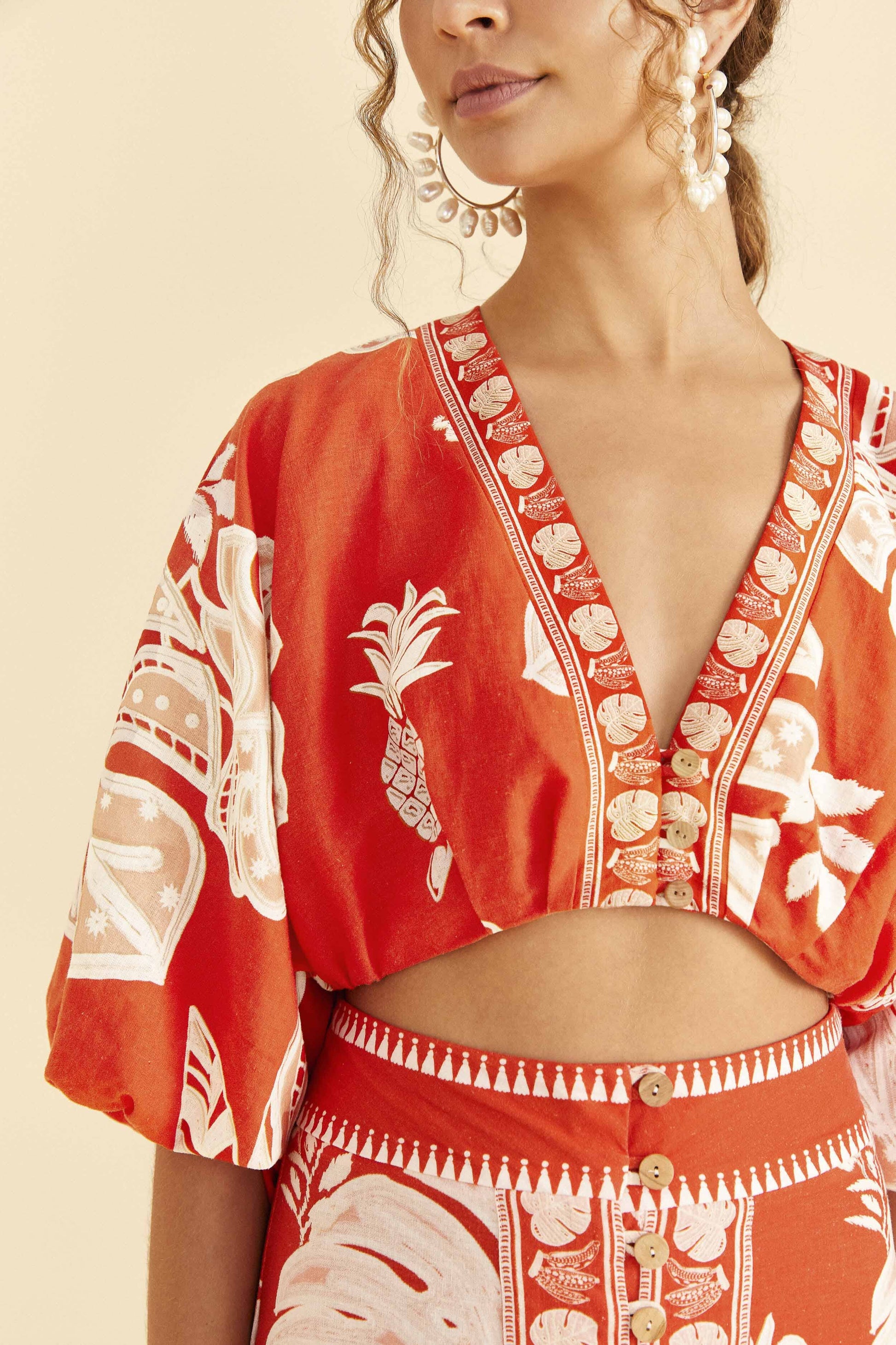 Farm Rio Red Lace Monsteras Crop Top