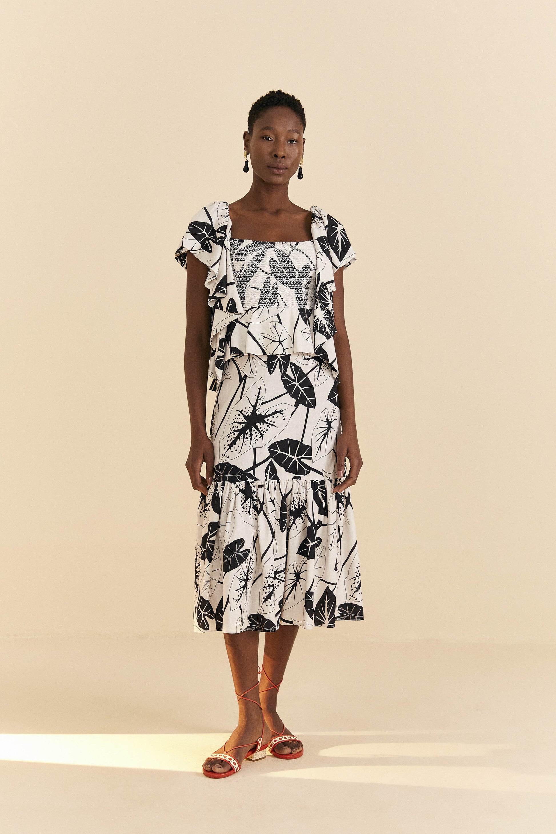 Farm Rio Off-White Graphic Leaves Midi Dress
