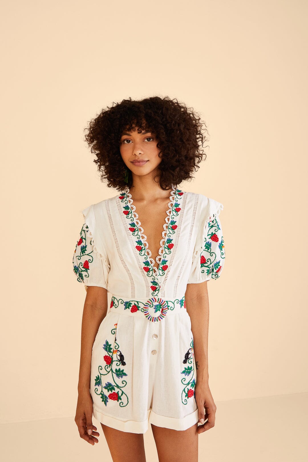 Farm Rio Cross Stitch Toucan Embroidered Romper