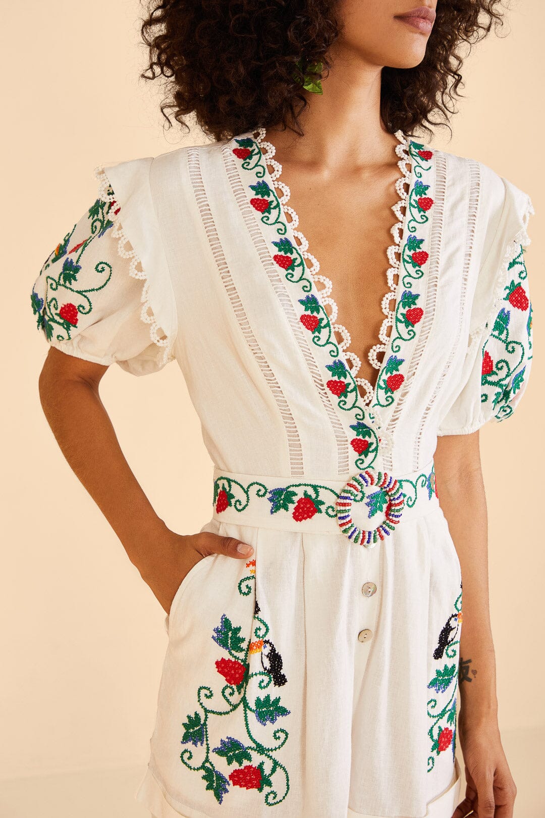 Farm Rio Cross Stitch Toucan Embroidered Romper