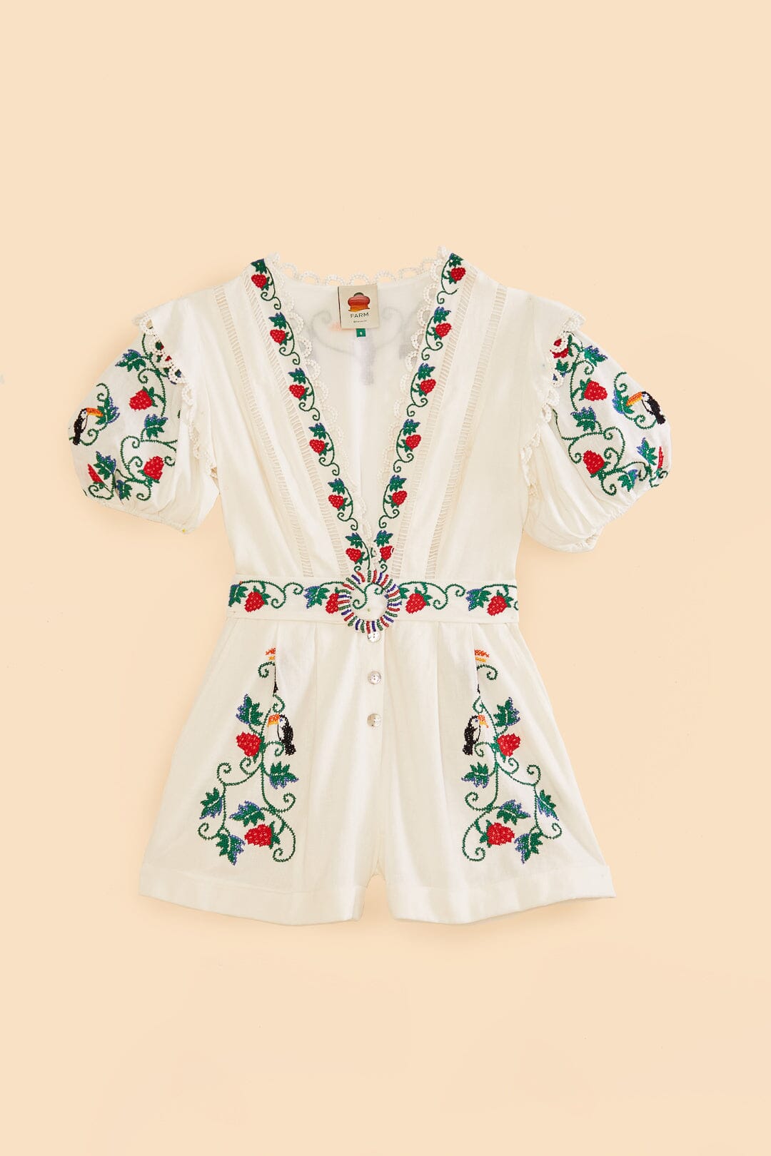 Farm Rio Cross Stitch Toucan Embroidered Romper