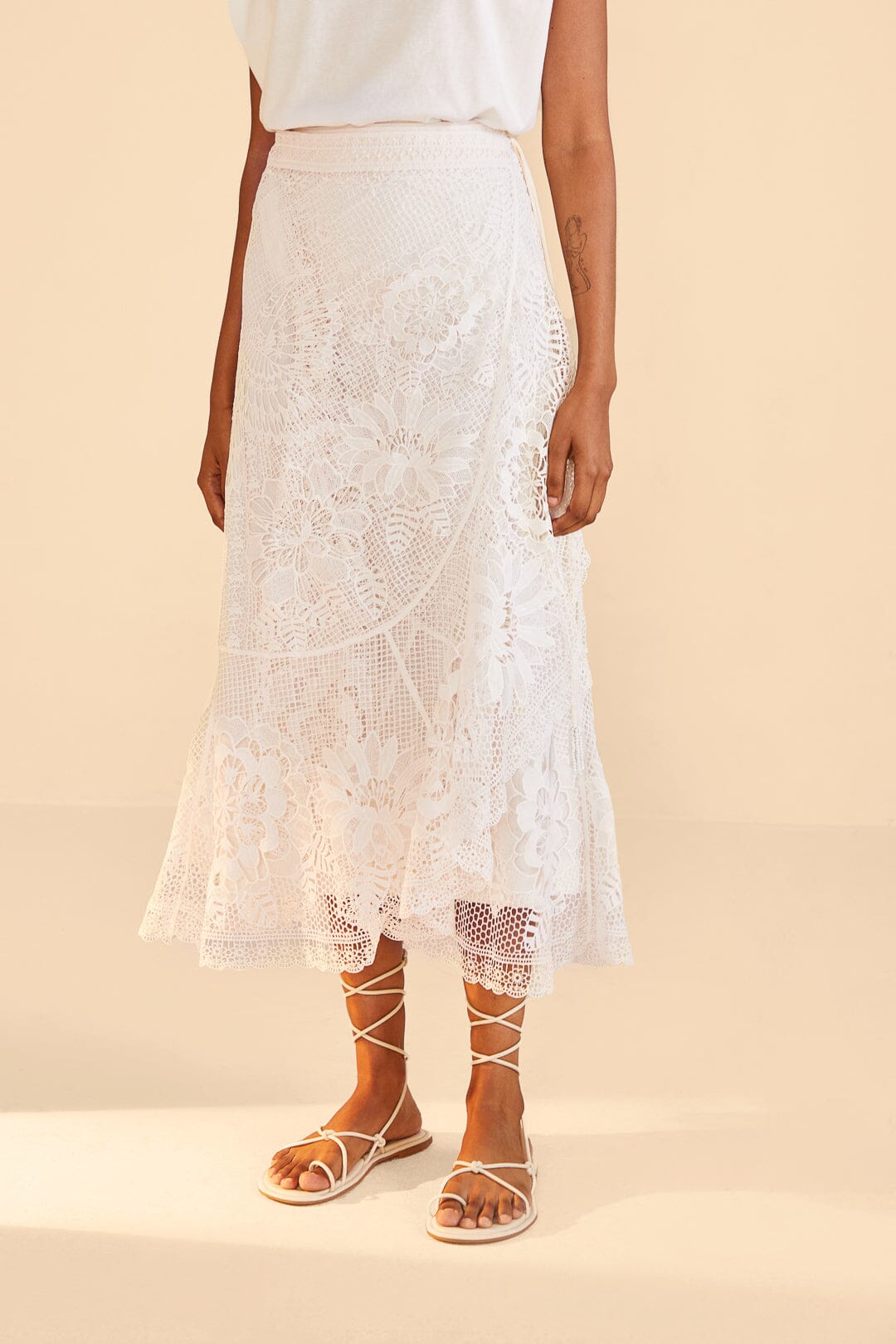 Farm Rio Off-White Guipire Midi Skirt