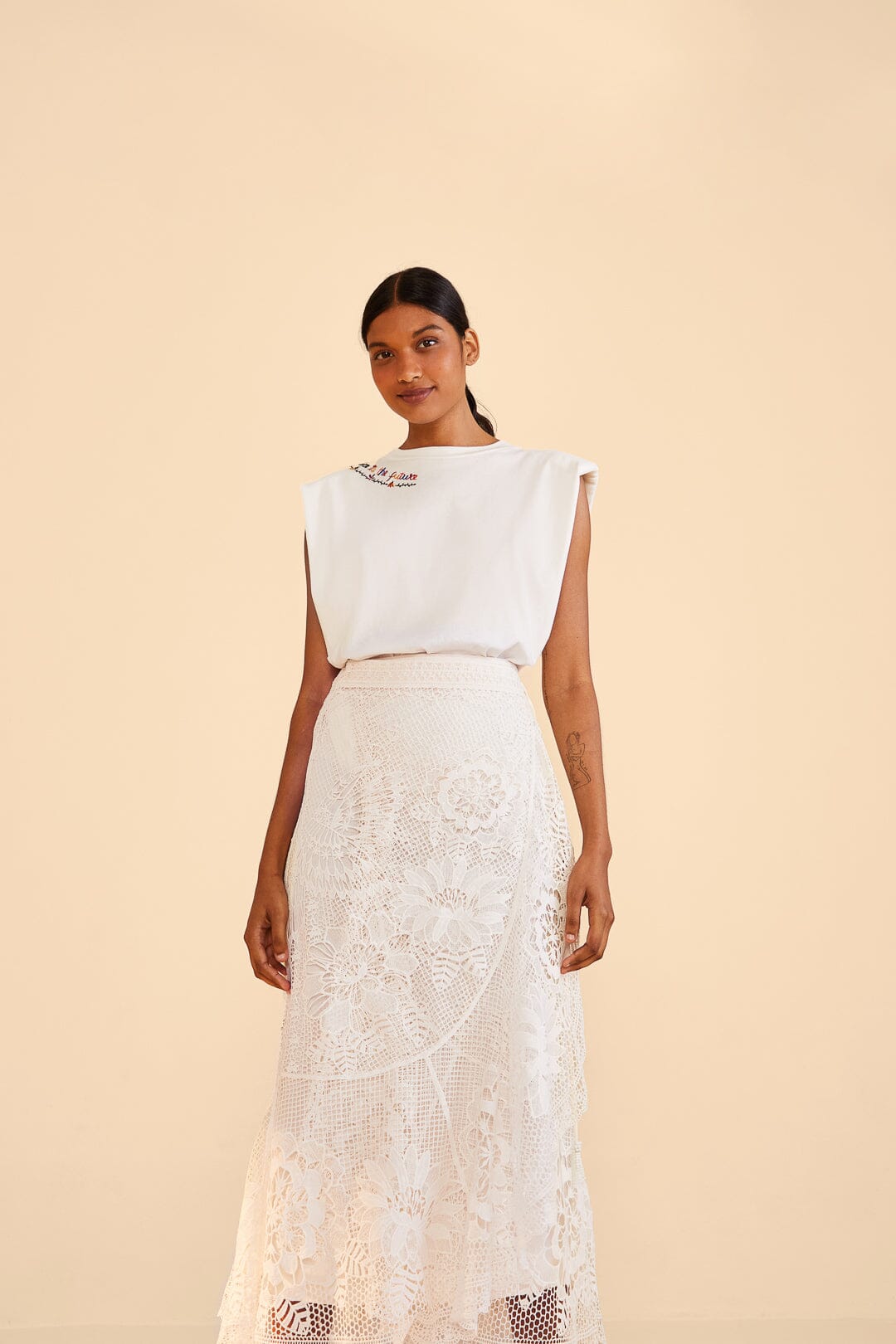 Farm Rio Off-White Guipire Midi Skirt