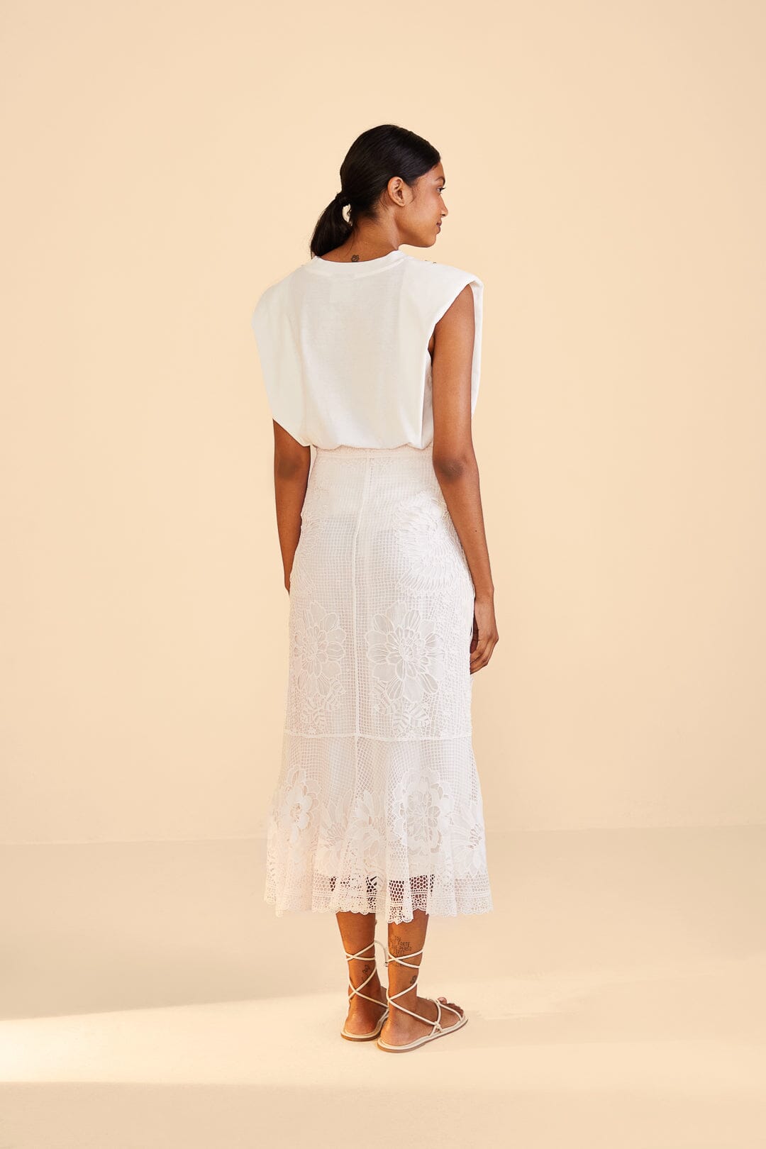 Farm Rio Off-White Guipire Midi Skirt