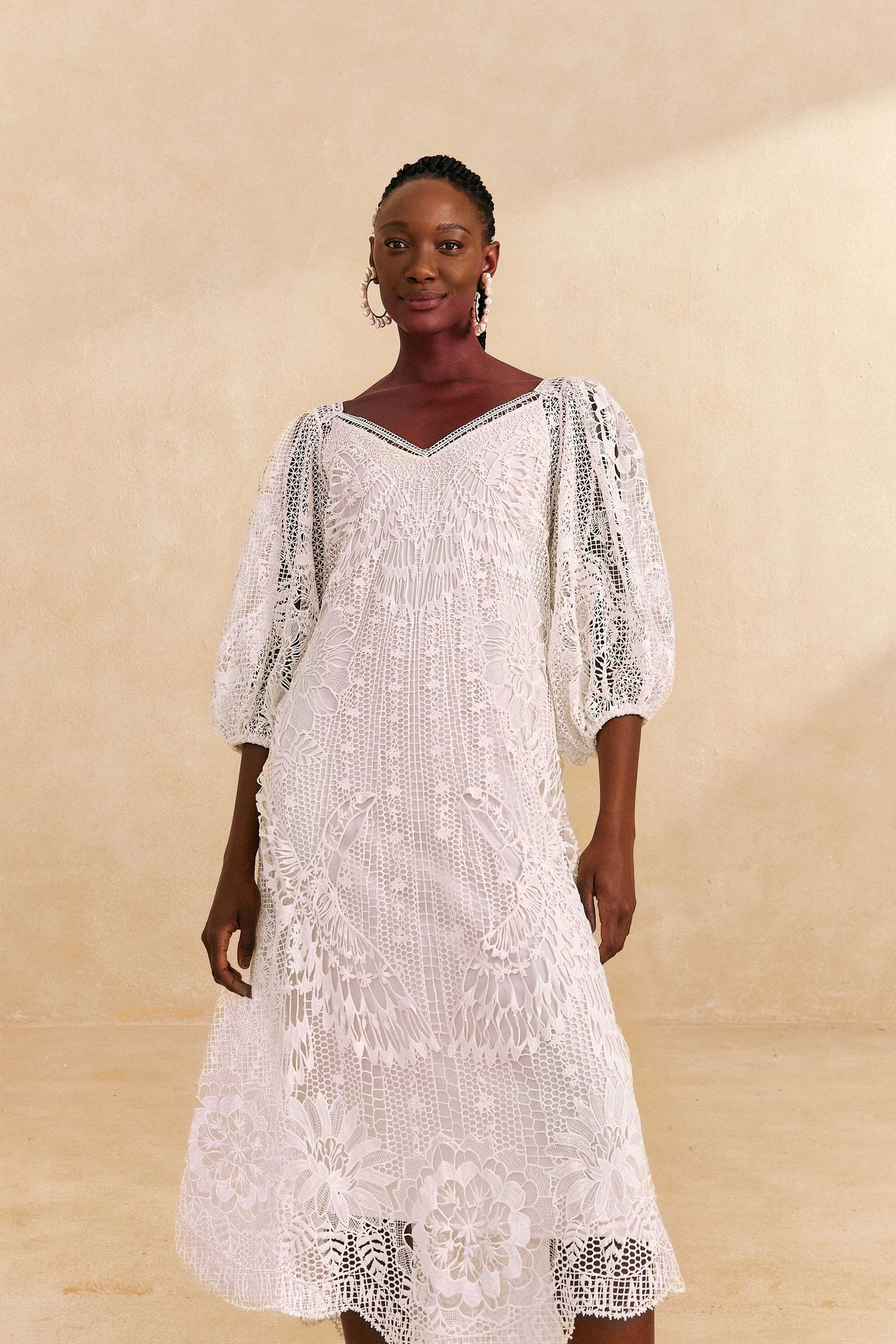 Farm Rio Off-White Guipure Midi Dress