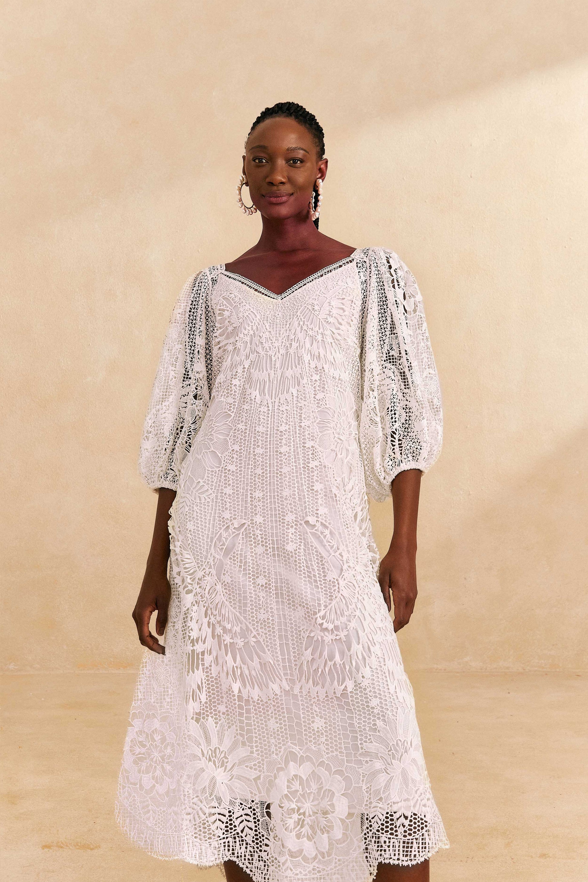Farm Rio Off-White Guipure Midi Dress
