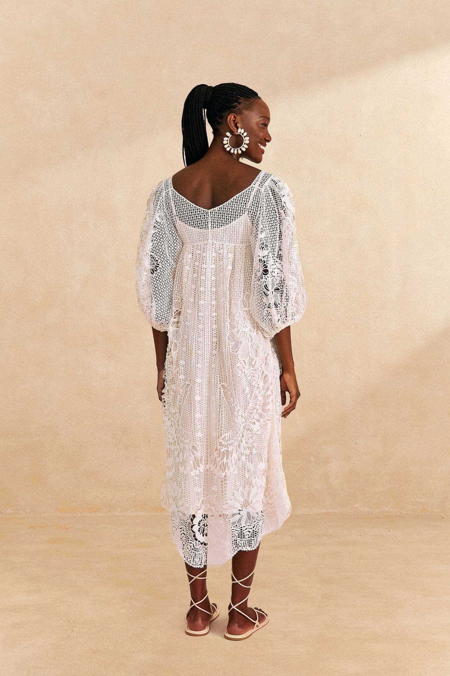 Farm Rio Off-White Guipure Midi Dress