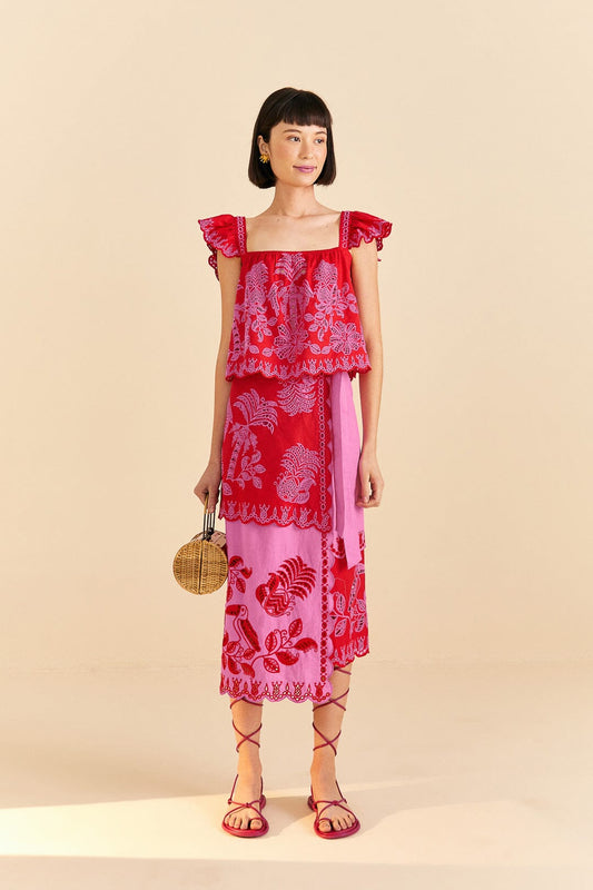 Farm Rio Red Palm Tree Richelieu Midi Skirt