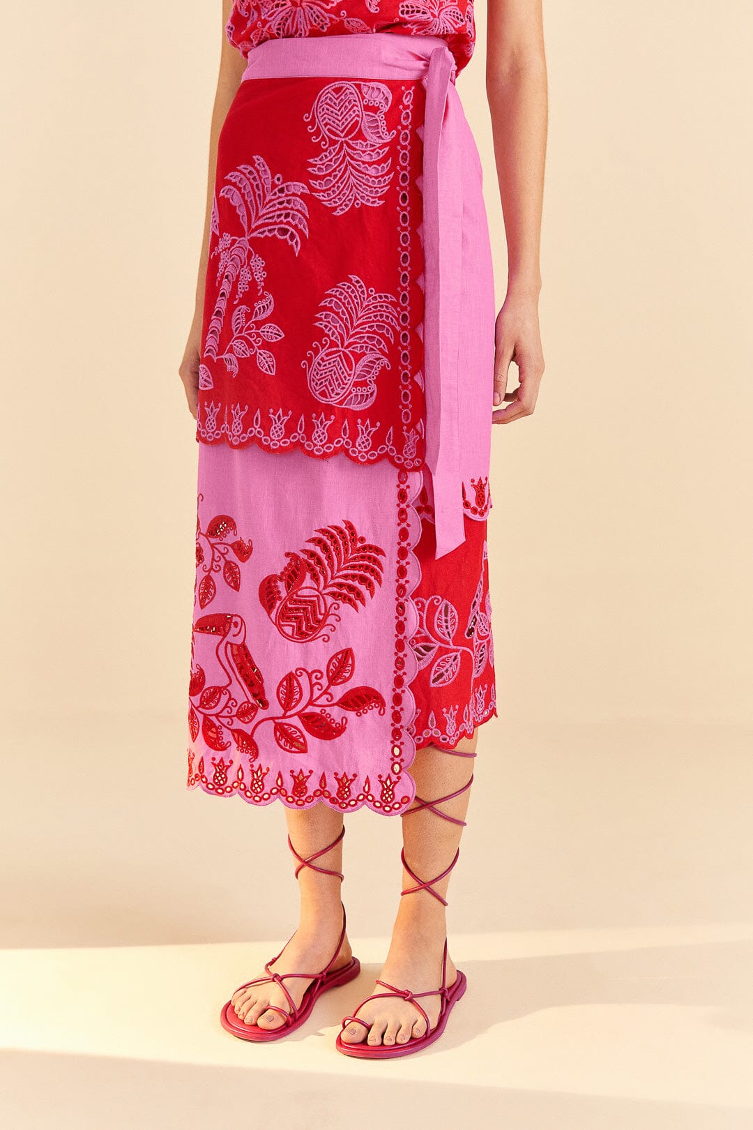Farm Rio Red Palm Tree Richelieu Midi Skirt