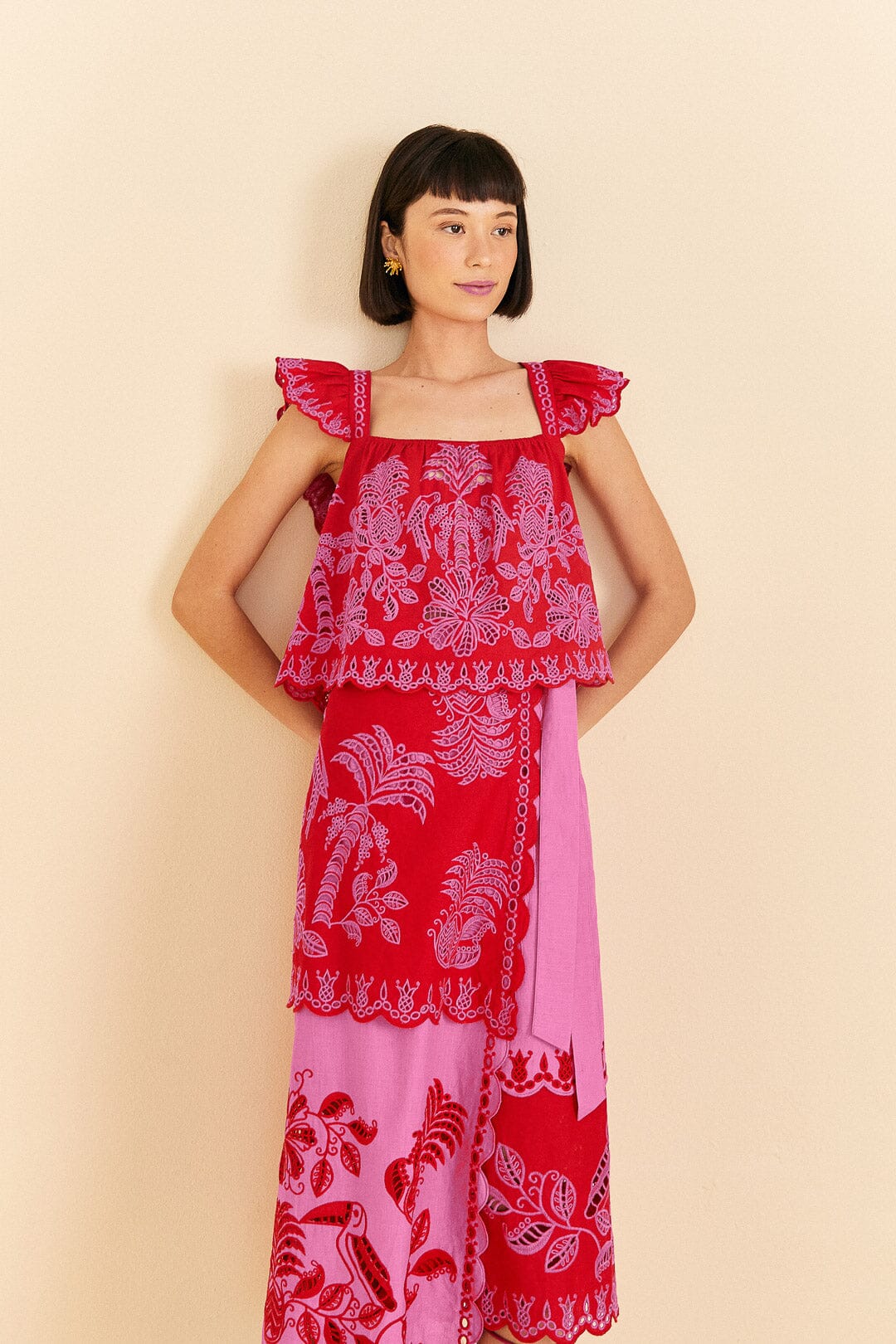 Farm Rio Red Palm Tree Richelieu Midi Skirt