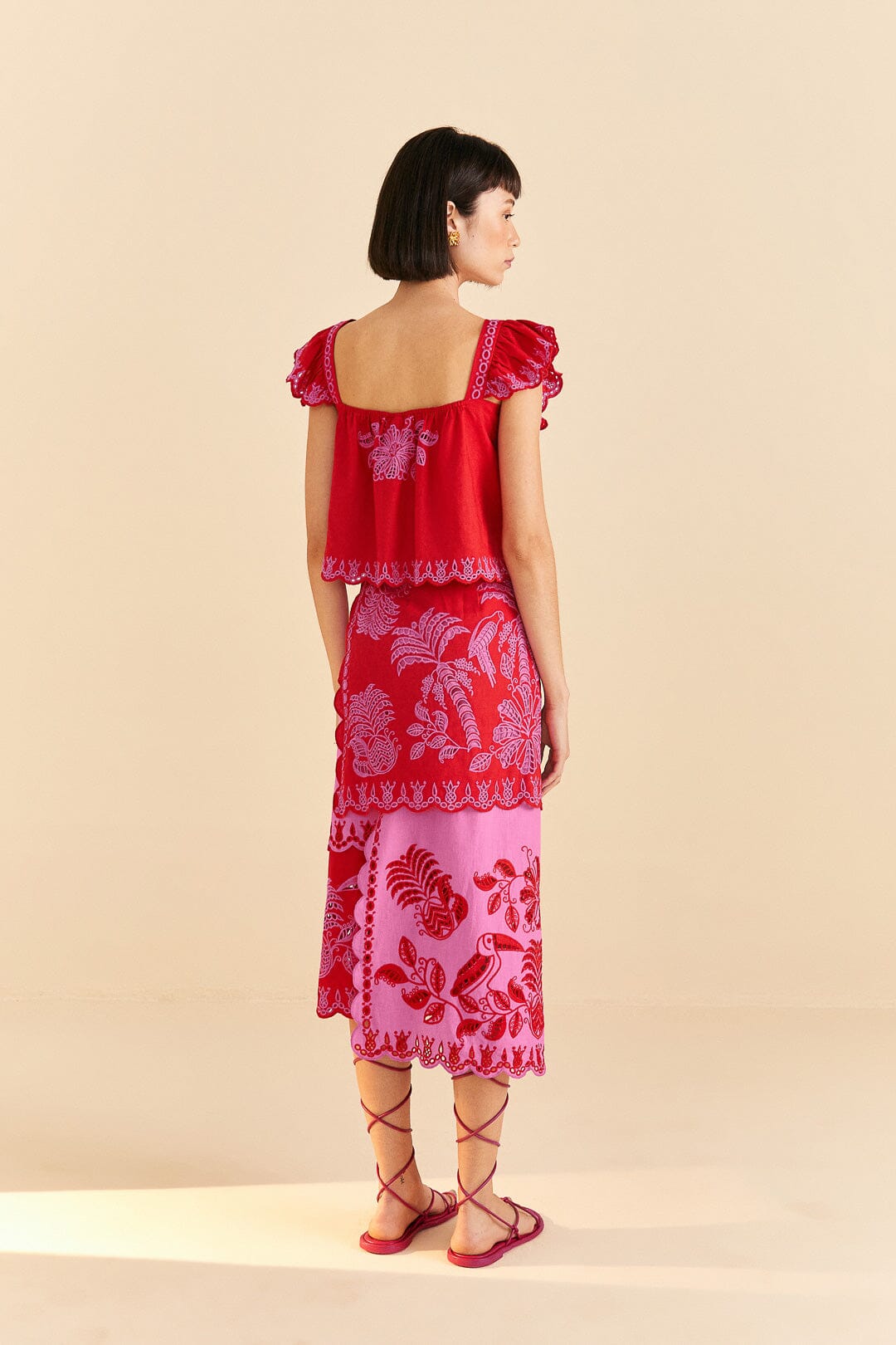Farm Rio Red Palm Tree Richelieu Midi Skirt