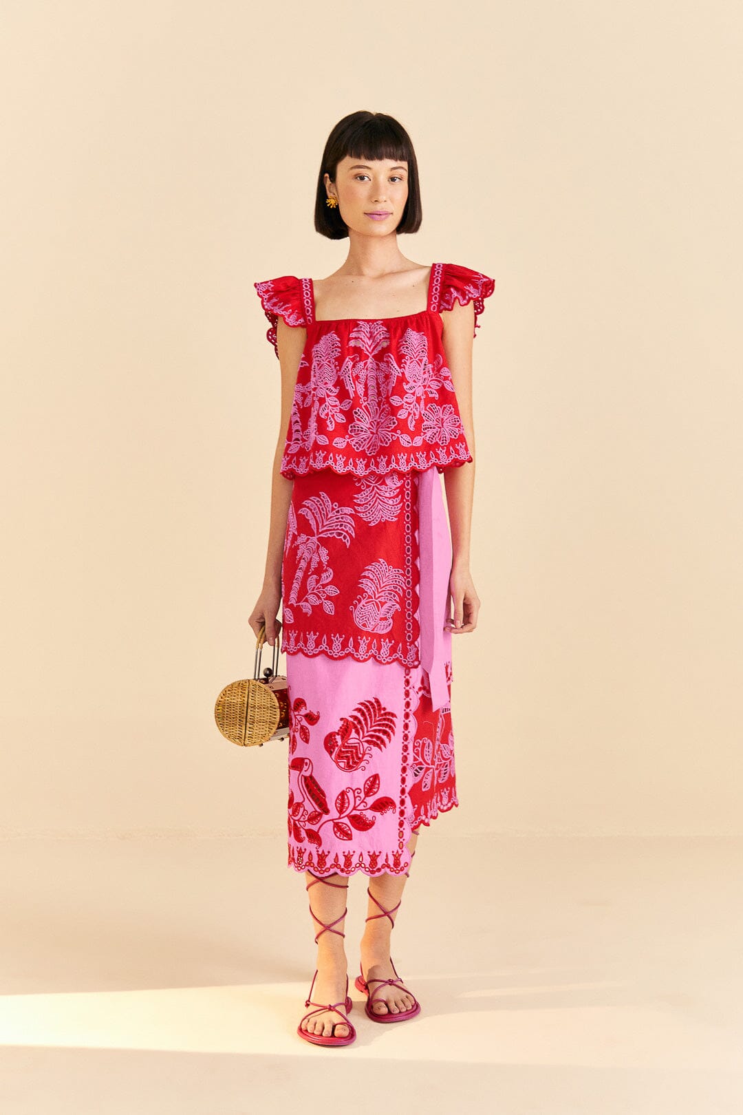 Farm Rio Red Palm Tree Richelieu Blouse