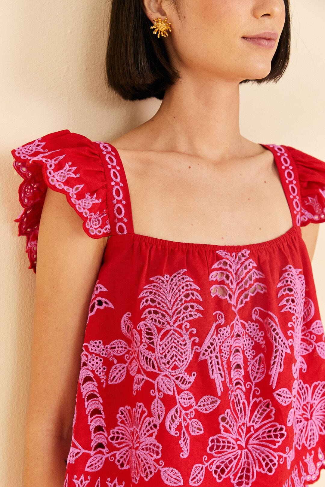 Farm Rio Red Palm Tree Richelieu Blouse